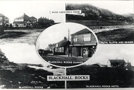 Postcard entitled Blackhall Rocks, showing photographs of the following: Four Lane Ends; Hut, Cliffs and Beach; Blackhall Rocks; Blackhall Rocks Hotel; Blackhall Rocks Corner
