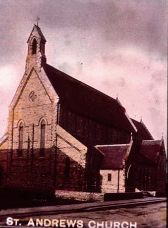 Postcard photograph entitled St. Andrew's Church, showing the exterior of the east end and south side of the church with buttresses and side buildings; the church has been identified as being in Blackhall