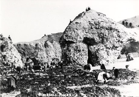 Postcard photograph entitled Blackhall Rocks looking inland and showing the cliffs with caves and low rocks on the beach; indistinct figures can be seen on the cliffs and beach
