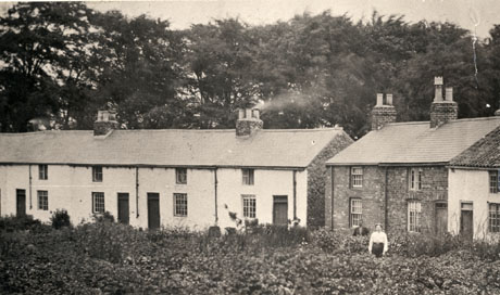 Photograph of the exterior of the backs and gardens of six houses, identified as The Foundry, Castle Eden with a man and a woman standing in the garden of one of the houses