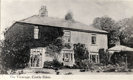 Postcard photograph entitled The Vicarage, Castle Eden showing the exterior of the vicarage from the garden, taken close to the building