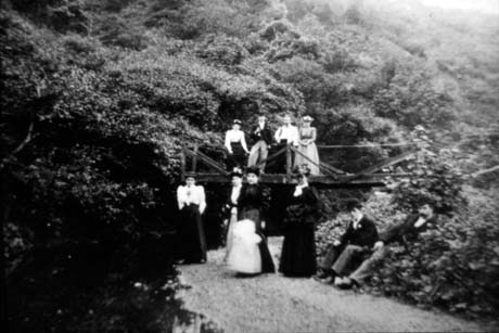 Photograph showing two men and two women standing on a footbridge suspended over a ravine the sides of which are covered in trees; in the foreground, four women and a child are standing on a path at the edge of the ravine and two men are sitting in bushes at the edge of this path away from the ravine; the photograph has been described as Dene Bridge, Castle Eden
