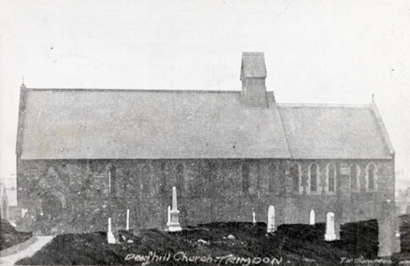 Postcard photograph entitled Deafhill Church, Trimdon, showing the exterior of the church from the south west and a number of monuments in the graveyard; the photograph is signed T. W. Thompson