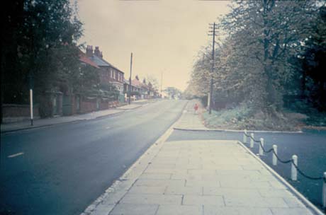 Photograph showing a road running away from the camera with bushes on the right and semi-detached houses behind walls on the left; the road has been identified as Thornley Road From The Club
