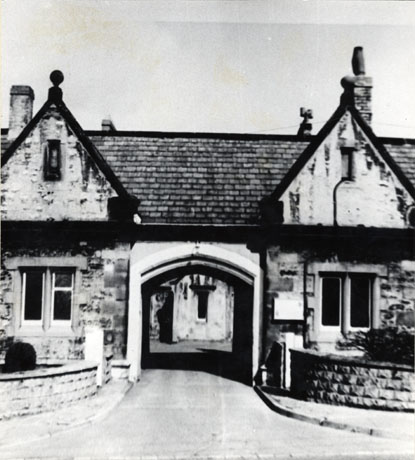 Photograph of the exterior of the gatehouses and entrance arch to Leeholme Hospital, which was demolished in 1973