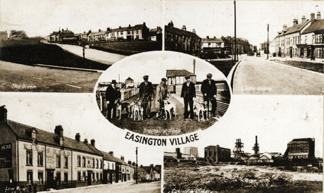 Postcard photographs of the following: The Green showing the open grassed area and rows of houses beyond it; the Cross Roads showing the cross roads in the distance with small horse-drawn vehicles and rows of houses; Low Row showing the King's Head public house as in easv0032; the buildings and winding gear of Easington Colliery taken from across fields; five men standing with seven greyhounds on the greyhound track with the buildings of the track in the background