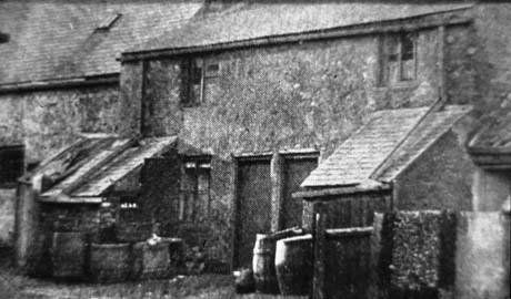 Photograph of the exterior of two terraced houses showing a window on the first floor, a window and door on the ground floor, and a lean-to extension; barrels and tubs are near the lean-to of each house; they have been identified as being in Haswell