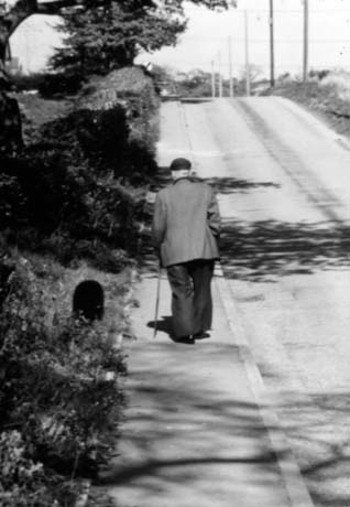 Photograph of a road with vegetation on either side, running uphill away from the camera; an elderly man with a stick is walking away from the camera uphill; a dark shape in the grass on the side of the road is a dog belonging to the elderly man who has been identified as Mr. Clark of Haswell