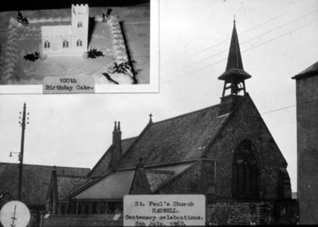 Photograph with a typed note reading: St. Paul's Church Haswell. Centenary Celebrations. 8th July, 1967., showing the west end and north side of the exterior of the church; inset is a photograph of a cake in the shape of a church made to celebrate the 100th Anniversary of the church This photograph was submitted by Philip Soakell from the album 'History of Haswell and District', which was compiled by his grandfather Fred Soakell.