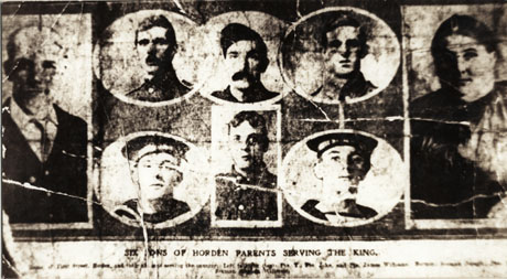 Photograph of a newspaper cutting of the portraits of six members the Williams family of Horden who were on active service during the First World War; the portraits of the parents of the six young men are also shown; under the portraits are the wordsSix Sons of Horden Parents Serving the King