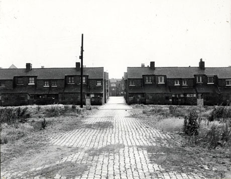 Photograph entitled Demolition 1st and 2nd St. Horden 1976, showing a road of brick receding from the camera between blocks of terraced houses; in the foreground on either side of the road are patches of open ground covered in weeds, presumably the site of 1st and 2nd Streets