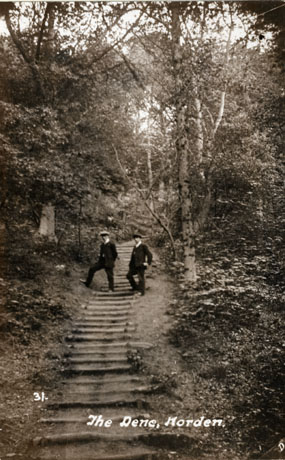 Photograph entitled 31 The Dene, Horden, showing branches sunk into the ground to form steps down a slope between trees, leading down towards the camera, between dense trees and bushes; two men can be seen half way up the slope