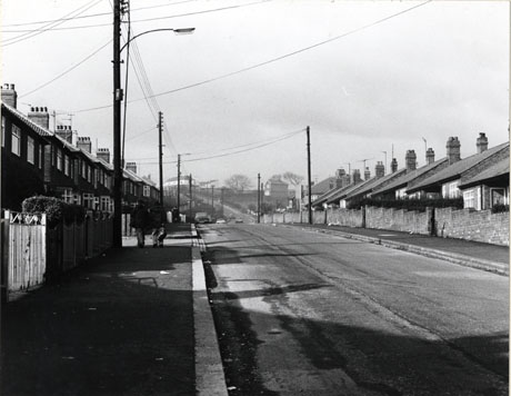 Photograph of a road leading away from the camera with semi-detached houses on its left hand and single-storied houses on its right hand; five cars can be seen indistinctly in the far distance; on the hill in the distance a terrace of houses and a large house can be seen;the photograph has been described as View from Horden Ellison's Bank