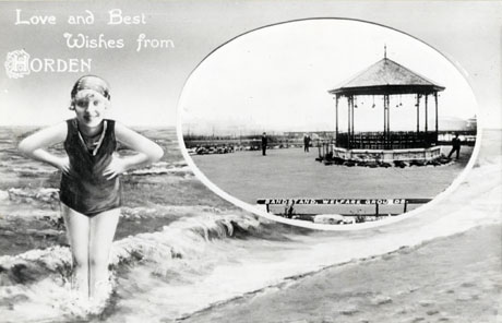 Postcard entitled Love And Best Wishes From Horden showing a woman in a bathing costume in the sea with an inset picture of the Bandstand, Welfare Grounds, showing the bandstand and three indistinct figures near it