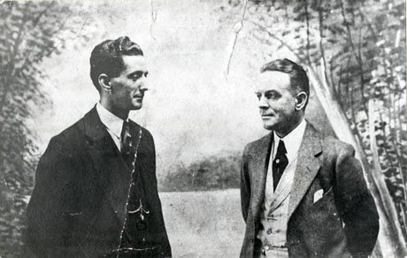 Photograph of the heads and torsoes of two men, identified as Scotty Bell and Bill Robinson of Horden; they are both wearing suits and ties and appear to have been photographed in a photographer's studio