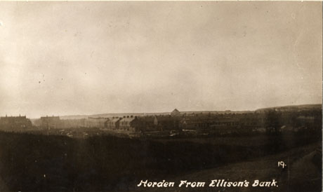 Postcard photograph entitled Horden From Ellison's Bank showing the roofs of the houses, and of the church, of Horden in the distance
