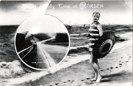 Photograph of a postcard, entitled Having a Jolly Time at Horden, showing a woman in a bathing costume holding a parasol and, behind her the sea; inset is a photograph of the New Coast Road, showing the road winding away to the right