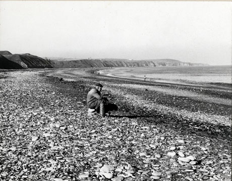 Photograph of a bay on the coast looking north with the cliffs on the left of the picture and the sea on the right; in the centre of the picture a man can be seen sitting on the beach which is covered with stones; the man is wearing a coat, hat and boots and is sitting on two stones; the photograph has been described as Sea Coal Collector, Horden Beach, 1976