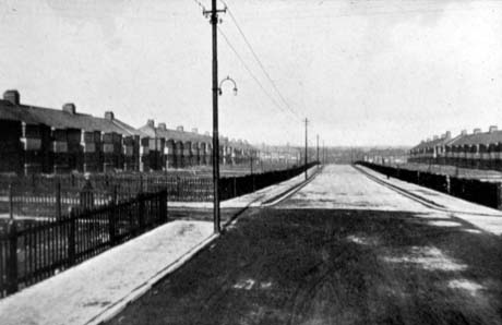 Photograph showing a straight road running away from the camera; on either side of the road are blocks of terraced houses with long gardens with fences round; the road has been identified as Morpeth Street, Horden