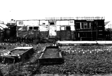Photograph showing the surface of an allotment with raised beds and what appears to be an old door lying on it; at the end of the allotment is the facade of a building constructed from old doors and old pieces of wood; the photograph has been identified as Pigeon Crees, Horden