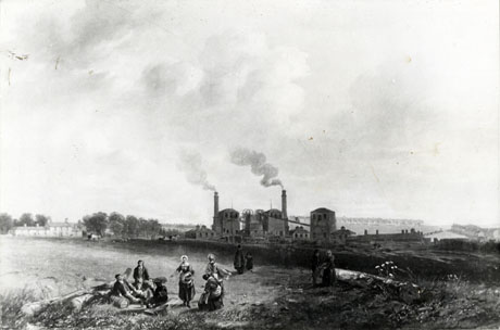 Photograph of a painting of the buildings of Murton Pit in the distance; in the foreground are stylised figures; on the left of the picture are farm buildings, identified as Fatten Pasture Farm, and, on the right of the picture, buildings identified as a row of colliery houses; the painting has ben identified as being by Carmichael and has been dated as 1850