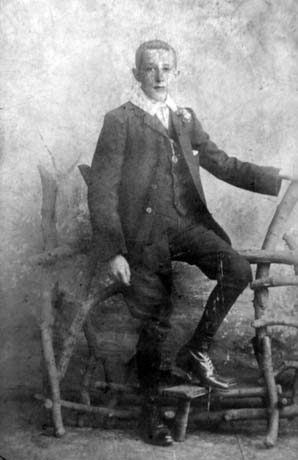 Photograph of a boy, aged approximately thirteen years, sitting on a rustic seat in a photographer's studio; he is wearing a suit, waistcoat, high collar, button hole, watch chain and boots; he has bee identified as Joe Brewster, Murton