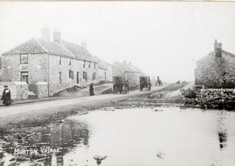 Postcard photograph entitled Murton Village, showing the surface of a pond in the foreground with a road beyond it running between greens on either side with houses behind the greens; two horse-drawn carts and a horse-drawn trap are moving up and down the road; two figures are walking on the road and three others are sitting on the green in the distance