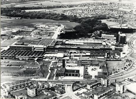 Photograph of an aerial view of the town centre, Peterlee, showing the town centre in the foreground and housing in the distance