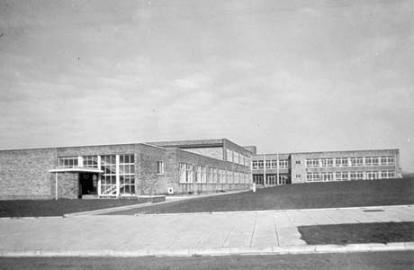 Photograph, taken from ground level, showing the exterior of a brick block of approximately two storeys; it has been identified as Peterlee Technical College