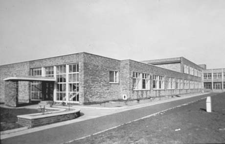 Photograph, taken from ground level, showing the same view as 0161 from a slightly different angle of the exterior of Peterlee Technical College