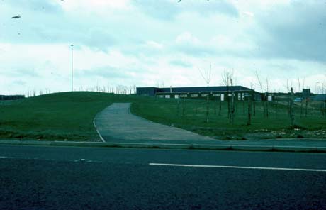 Photograph of a path winding through a grass verge away from the camera; the roof and part of the facade of a low building can be seen on the horizon; the picture has been identified as Factories, Peterlee