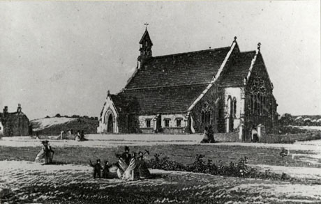 Photograph of the exterior of a church, in the distance, taken from the south east; a wall round the churchyard and stylised people in the foreground can be seen; the picture has been identified as Colliery Church and Parsonage, Seaham