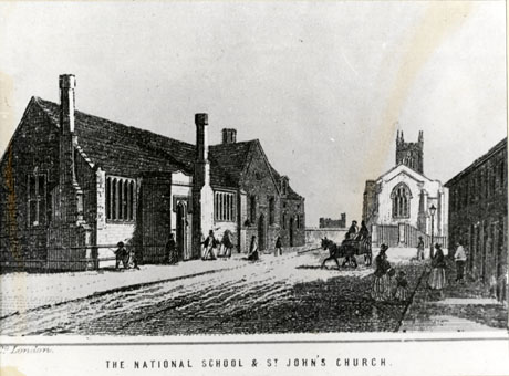 Photograph of an engraving showing of the exterior of a one storey mediaeval-looking building with mullioned windows, on the left of the picture; in the centre in the distance is the exterior of the east end of a church; on the right is the exterior of a terrace of houses; the picture is captioned The National School & St. John's Church and has the words Cook and Co., London
