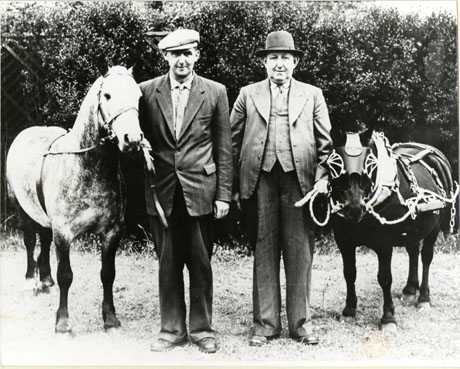 Photograph of a man wearing a suit, tie and cap holding the bridle of a horse, both of whom are facing the camera; they are standing next to a man wearing a suit, tie and hat, who is holding the bridle of a pit pony wearing blinkers; they, too, are looking at the camera; they have been identified as Mr. Smart and his son showing Wolf and Sterling