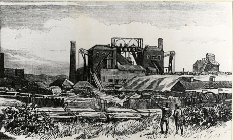Photograph of a drawing, done by an unidentified hand, of the buildings of a pit described as Low Pit, Seaham Colliery, 1880; the drawing shows the backs of two men who are looking at a number of low buildings with the winding gear, engine house, and two chimneys, in the distance; the style of the drawing is that of the twentieth rather than the nineteenth century