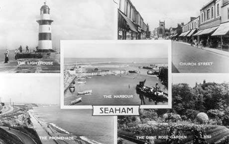 Postcard photograph showing a photograph of the exterior of the lighthouse; a photograph of Church Street, showing both sides with a church at the end: a photograph of The Promenade, showing the coastline running away from the camera; photograph of The Dene Rose Garden, showing a close-up of a bed of flowers with bushes behind; photograph of The Harbour, showing the harbour, looking out to sea