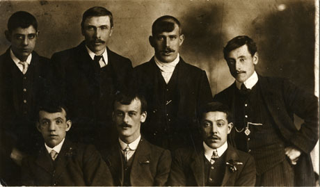 Photograph of the head and shoulders of six young men dressed in three-piece suits and ties; they have been identified as Group of Young Shotton Miners, 1900s