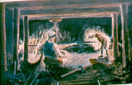 Photograph of a painting of pit props underground, with a miner kneeling and a miner bending over; a hammer and shovel are lying in the foreground; it has been described as Artist Impression Of Men Working Underground, Shotton