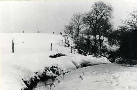 Photograph showing, on the left of the picture, a slope covered in snow; two fences can be seen crossing the slope; leafless trees and bushes can be seen in the middle of the picture beyond a narrow stream curving round in the centre of the picture; a small part of a slope on the right of the picture can be seen; the photograph has been described as Pit Dene at Station Town, 1941