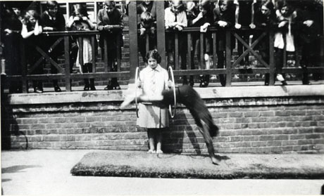 Photograph showing a girl, aged approximately twelve years, holding two hoops through which another person is leaping onto a mat; the girl with the hoops is standing near a low wall, part of a raised walkway on which other children are standing watching; the photograph has been identified as depicting a physical training display at the Council School in Thornley