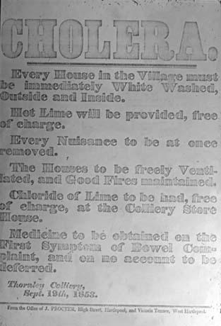 Photograph of a poster issued by Thornley Colliery instructing the inhabitants of Thornley on the precautions that should be taken in the event of an outbreak of Cholera, 19 September 1853