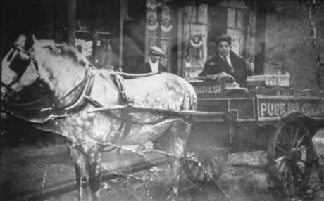 Photograph of a horse harnessed to a cart on which the words Hartlepool Street and Pure Ice Cream can be seen; the horse and cart are standing outside the windows of a shop on which advertisements for Fry's Chocolate can be seen; the contents of the windows cannot be seen; a young man is sitting in the cart and the head and shoulders of another man standing behind the cart on the pavement can be seen; the photograph has been described as Peter Baldersera with Cart