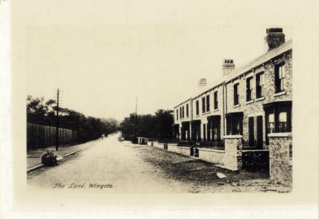 Postcard photograph entitled The Lane, Wingate, showing a road running away from the camera; on the left of the picture a fence can be seen; on the right are the facade of six terraced houses with bay windows; beyond the terrace, woodland can be seen; the lane has been identified as having changed its name to North Road East