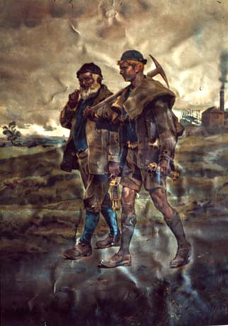 Photograph of a painting of a young miner, with a pick over his shoulder and leather on his shoulders, walking with an older man, carrying a miner's lamp, along a road, with moorland, and the buildings and winding gear of a pit behind them on the right; the young man is wearing short trousers, socks, shoes, and a jerkin; the older man is wearing breeches, socks, shoes, and a jerkin, and smoking a pipe